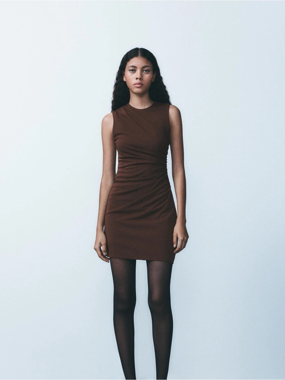 Zara Brown Sleeveless Ruched Mini Dress
